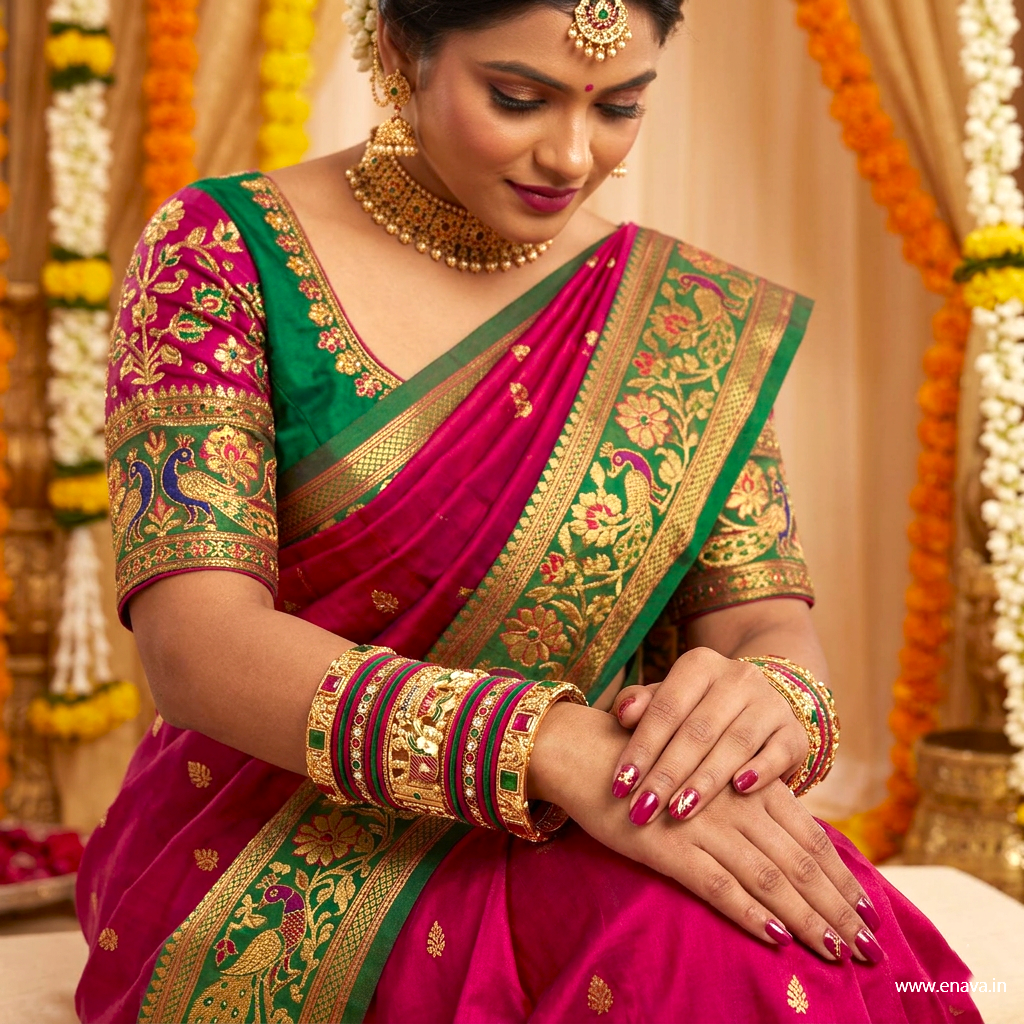Ranisa Bridal Set with Ruby Green Kundans & Velvet Bangles by Enava Bangle Enava Jewels.