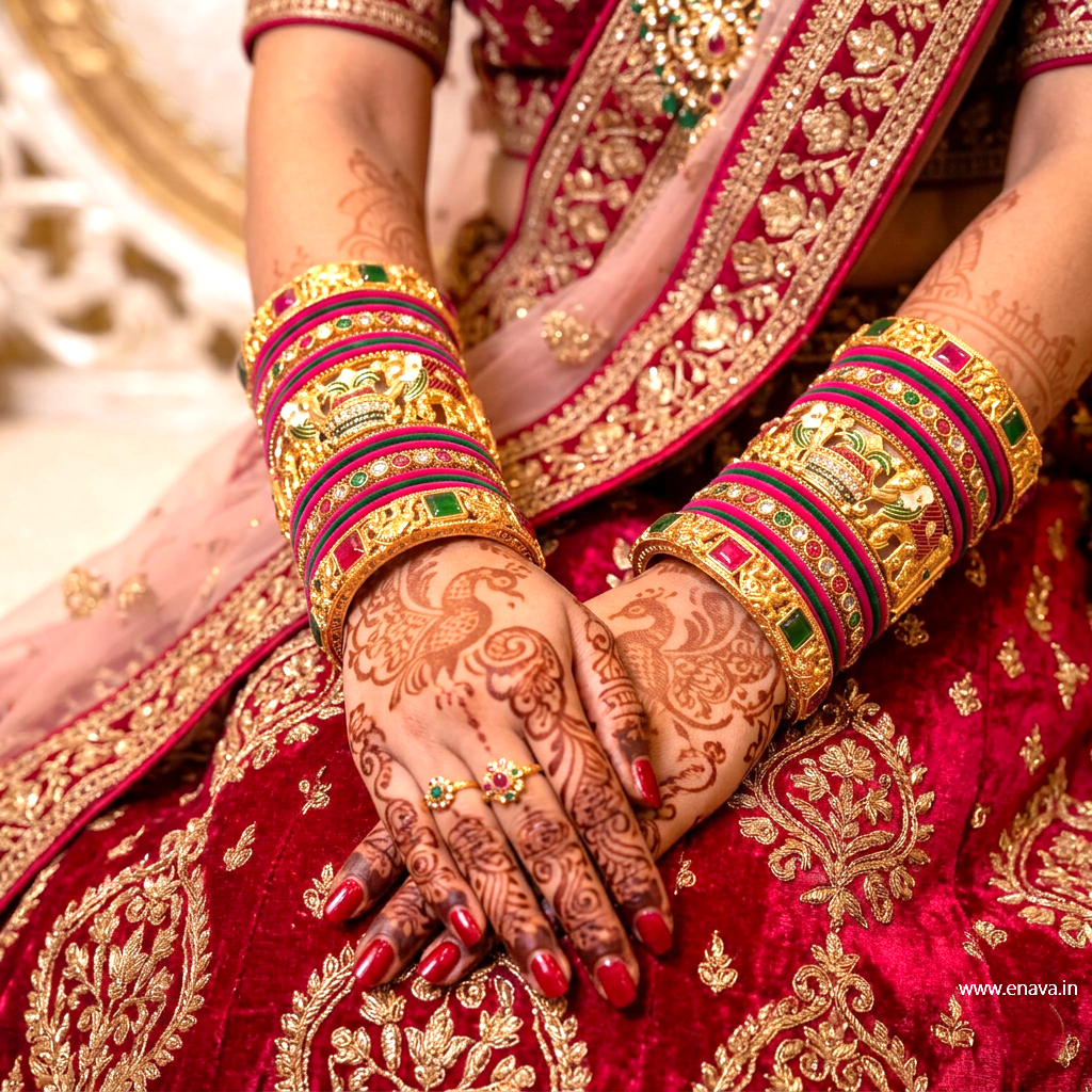 Ranisa Bridal Set with Ruby Green Kundans & Velvet Bangles by Enava Bangle Enava Jewels.