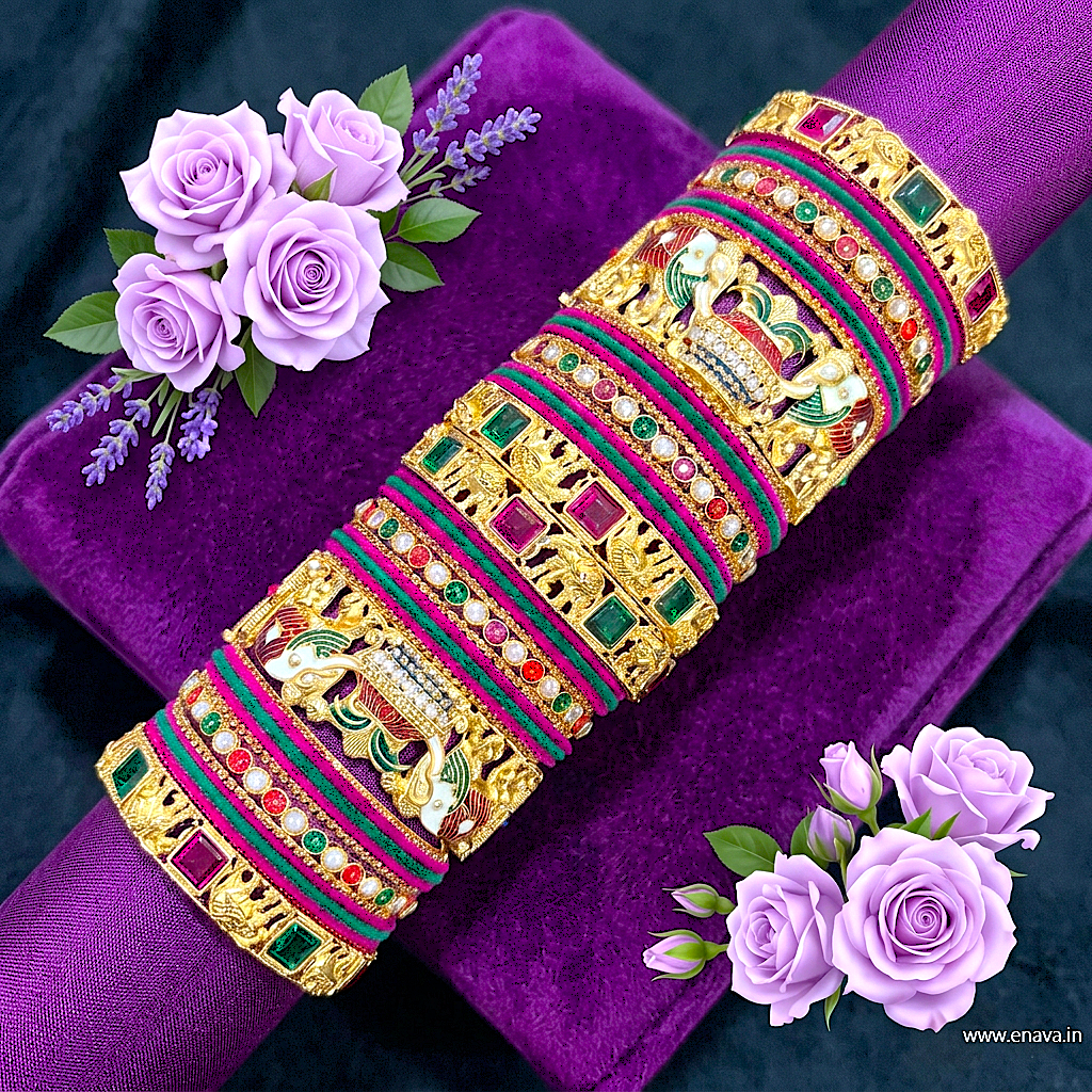 Ranisa Bridal Set with Ruby Green Kundans & Velvet Bangles by Enava Bangle Enava Jewels.