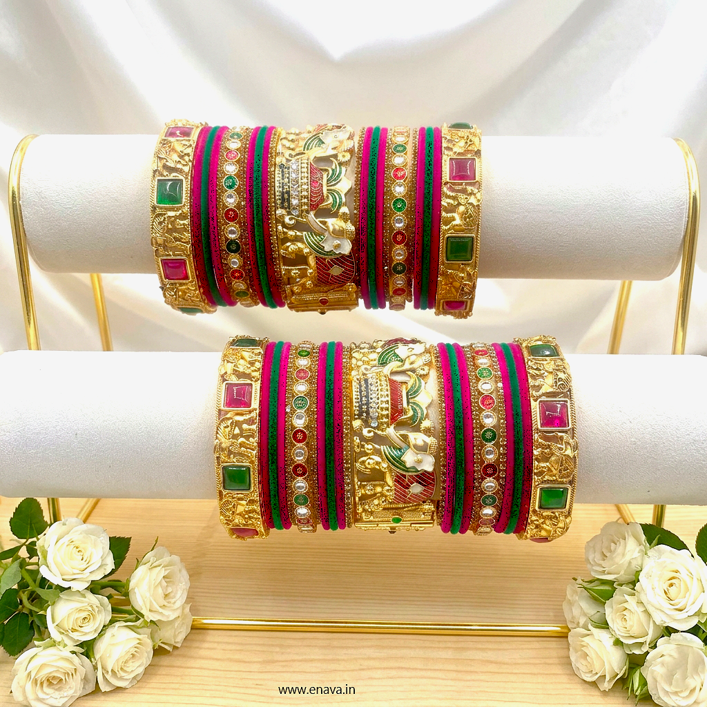 Ranisa Bridal Set with Ruby Green Kundans & Velvet Bangles by Enava Bangle Enava Jewels.