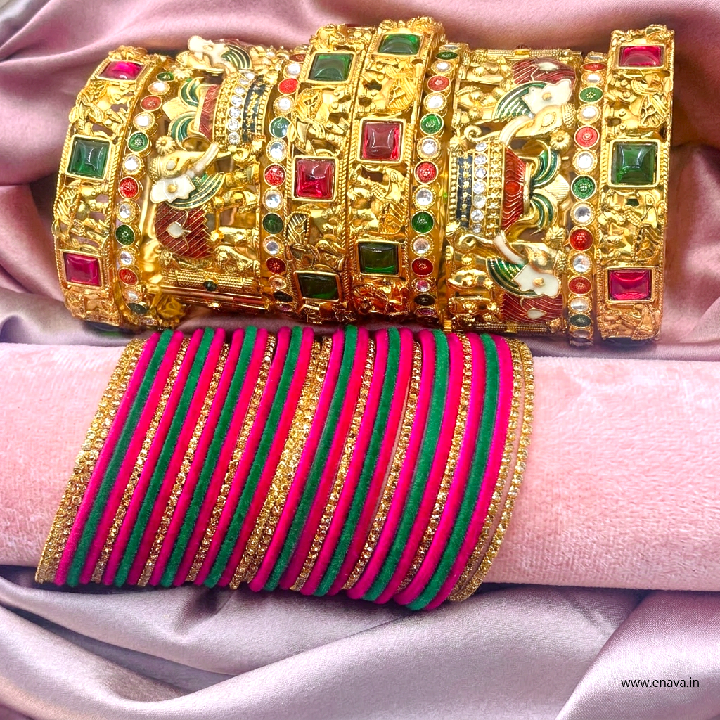 Ranisa Bridal Set with Ruby Green Kundans & Velvet Bangles by Enava Bangle Enava Jewels.