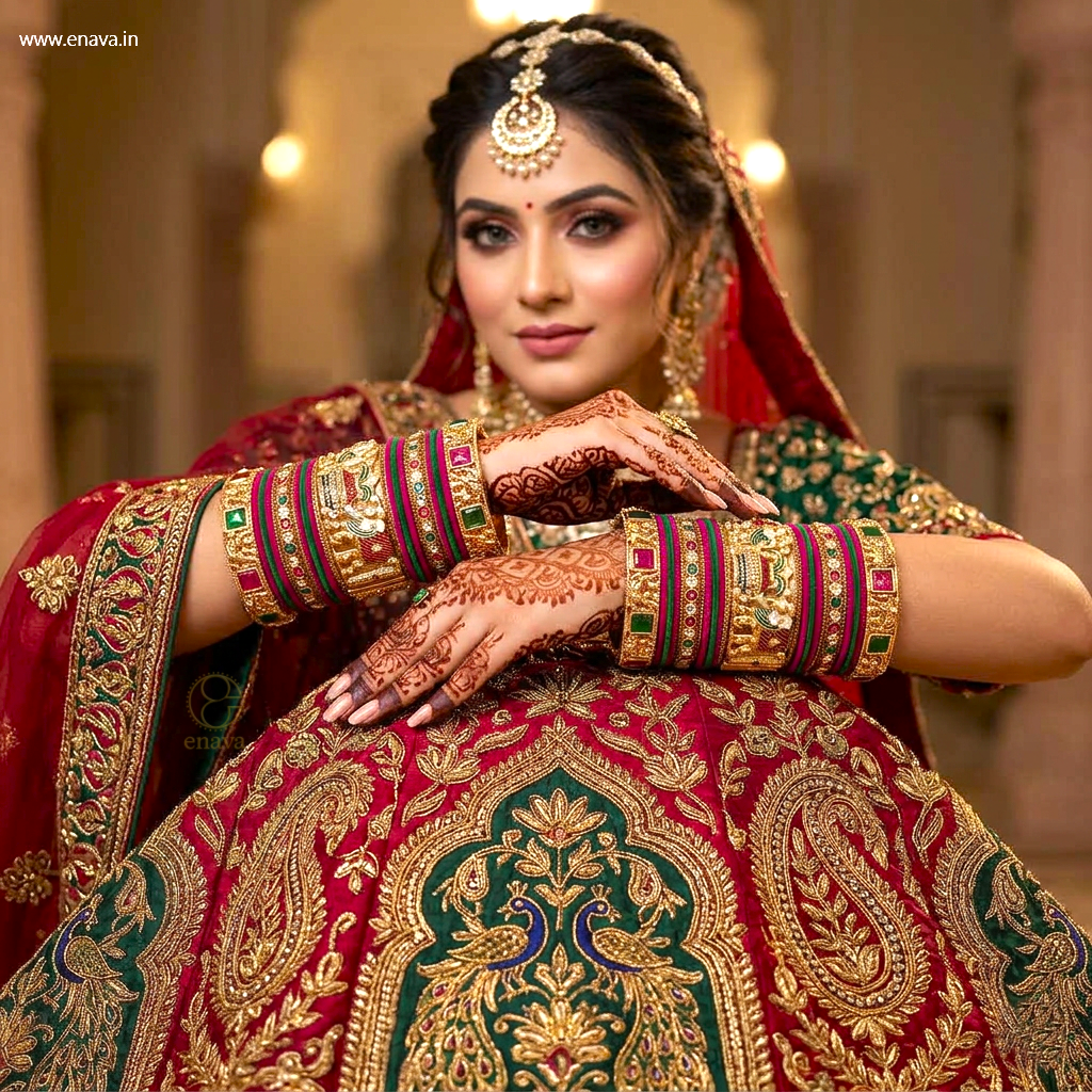 Ranisa Bridal Set with Ruby Green Kundans & Velvet Bangles by Enava Bangle Enava Jewels.