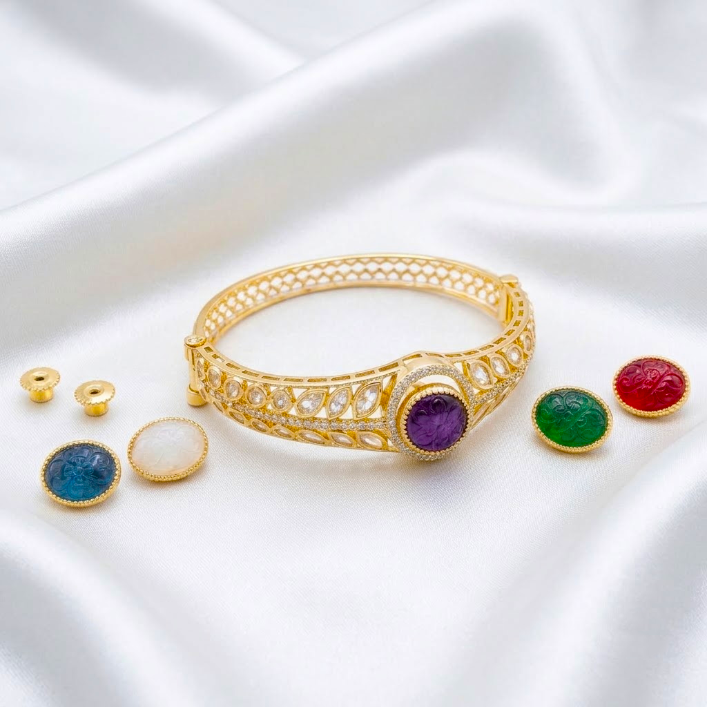 Ratna Color Changing AD Bracelet with interchangeable blue, white, green, red and purple center motifs, sparkling American Diamond designer bracelet for women by ENAVA.