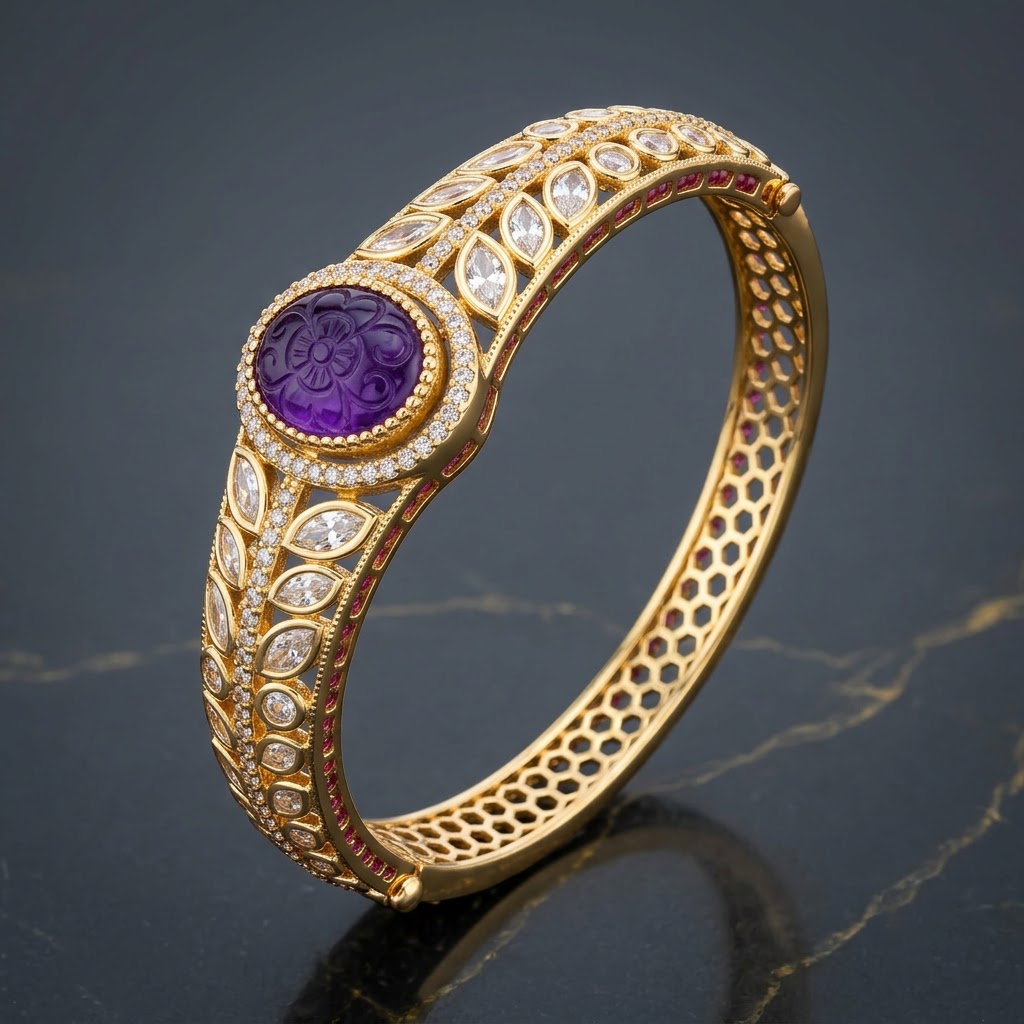 Ratna Color Changing AD Bracelet with interchangeable blue, white, green, red and purple center motifs, sparkling American Diamond designer bracelet for women by ENAVA.