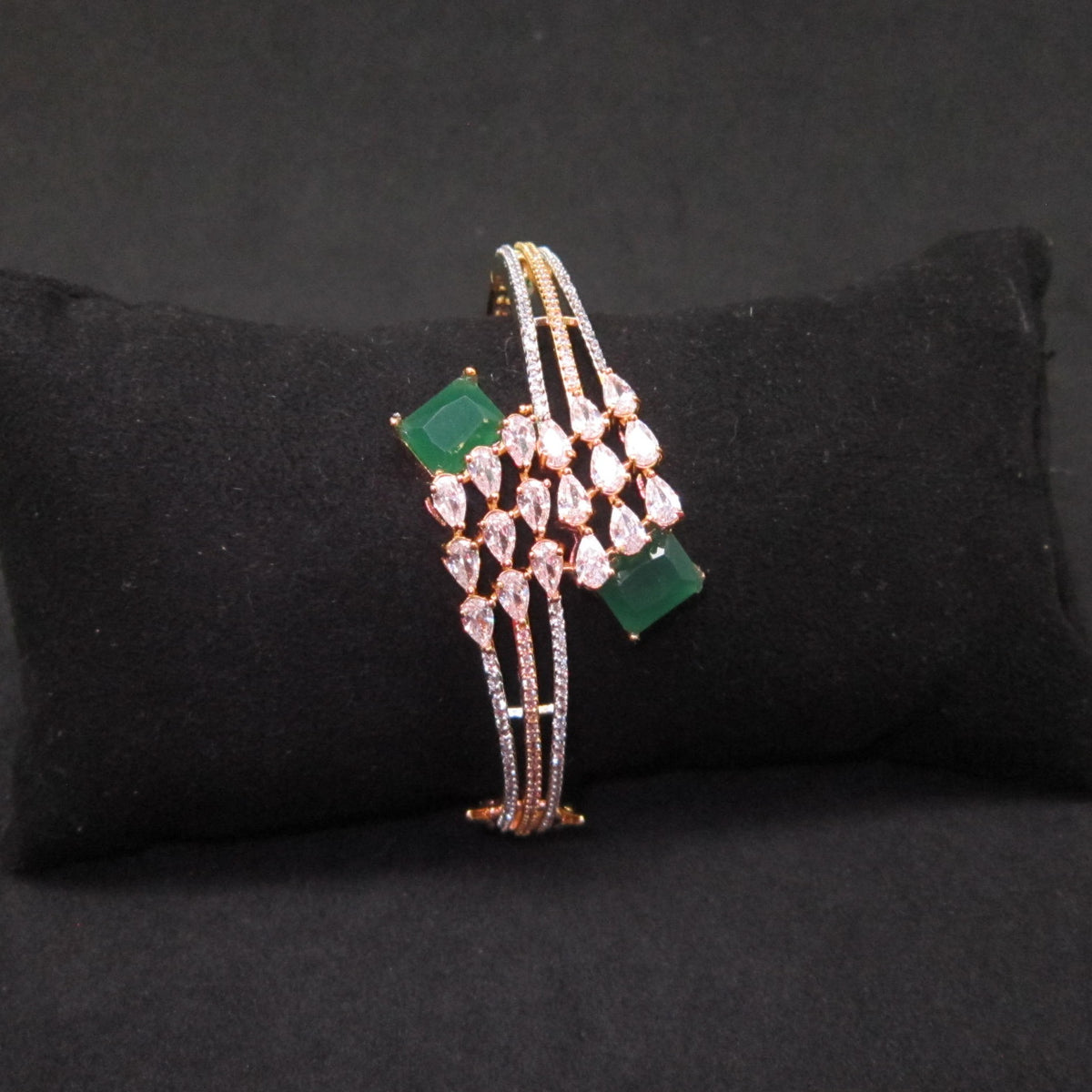 Rivaah AD Green Emerald Bracelet with two green emerald stones and sparkling American Diamond detailing, elegant designer bracelet for women by ENAVA.