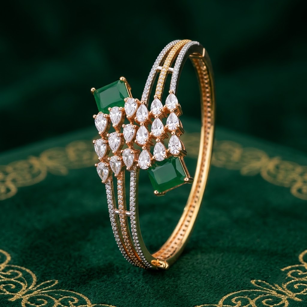 Rivaah AD Green Emerald Bracelet with two green emerald stones and sparkling American Diamond detailing, elegant designer bracelet for women by ENAVA.
