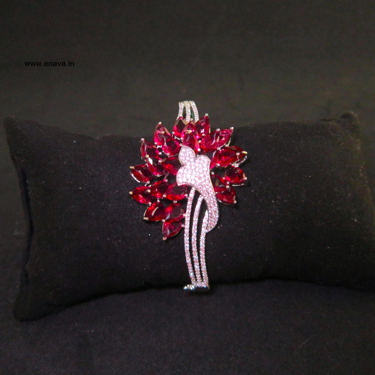 Rose Celestia Ruby Pink Bracelet with floral ruby pink AD stones and sparkling silver-tone detailing, elegant designer bracelet for women by ENAVA.
