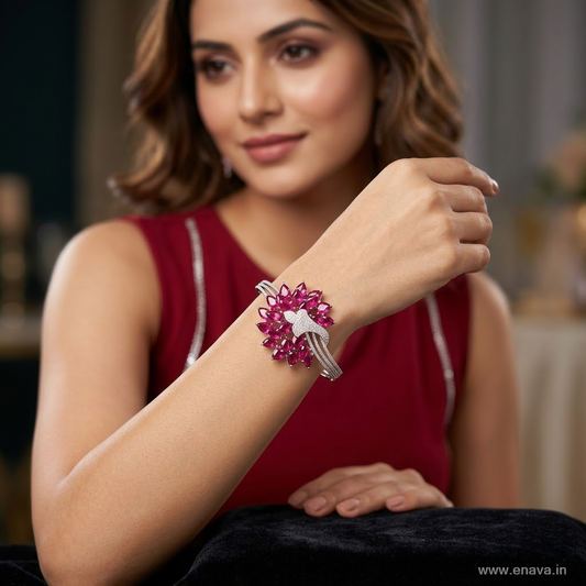Rose Celestia Ruby Pink Bracelet with floral ruby pink AD stones and sparkling silver-tone detailing, elegant designer bracelet for women by ENAVA.