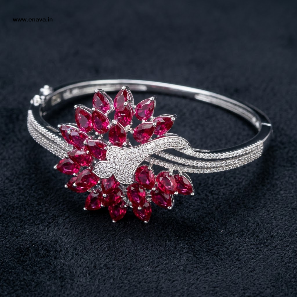 Rose Celestia Ruby Pink Bracelet with floral ruby pink AD stones and sparkling silver-tone detailing, elegant designer bracelet for women by ENAVA.
