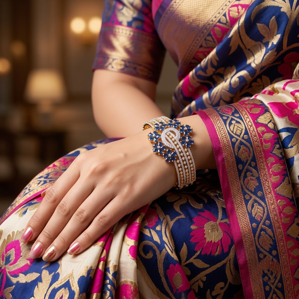 Royal Celestra AD Bracelet with dark blue American Diamond center motif, sparkling AD detailing and luxurious golden finish, designer bracelet for women by ENAVA.