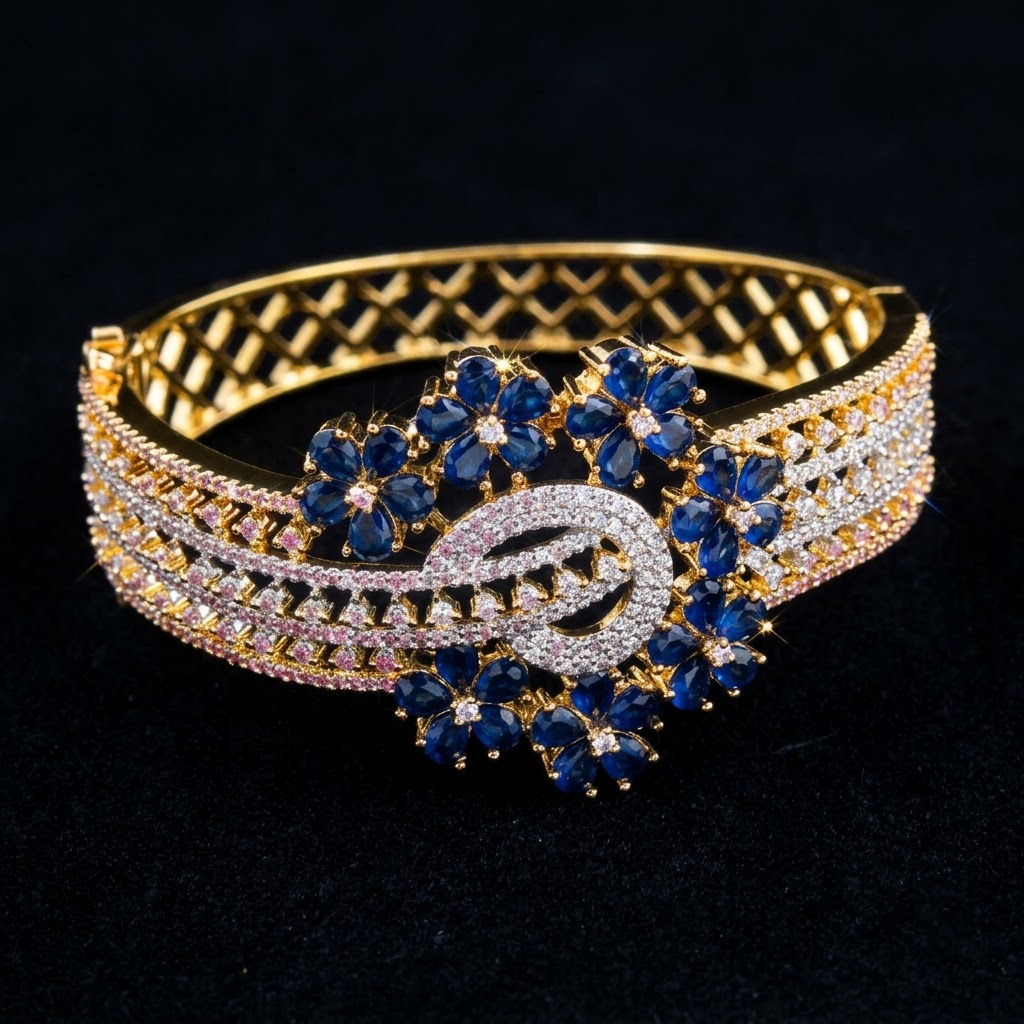 Royal Celestra AD Bracelet with dark blue American Diamond center motif, sparkling AD detailing and luxurious golden finish, designer bracelet for women by ENAVA.