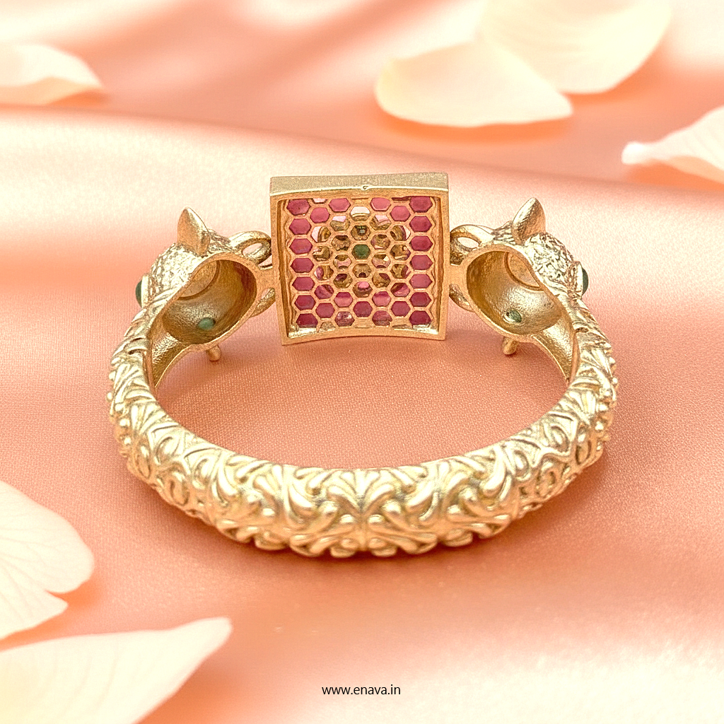 Royal Rajwadi Kundan Pink Enamel Gold Plated Kada by Enava Bracelet Enava Jewels.