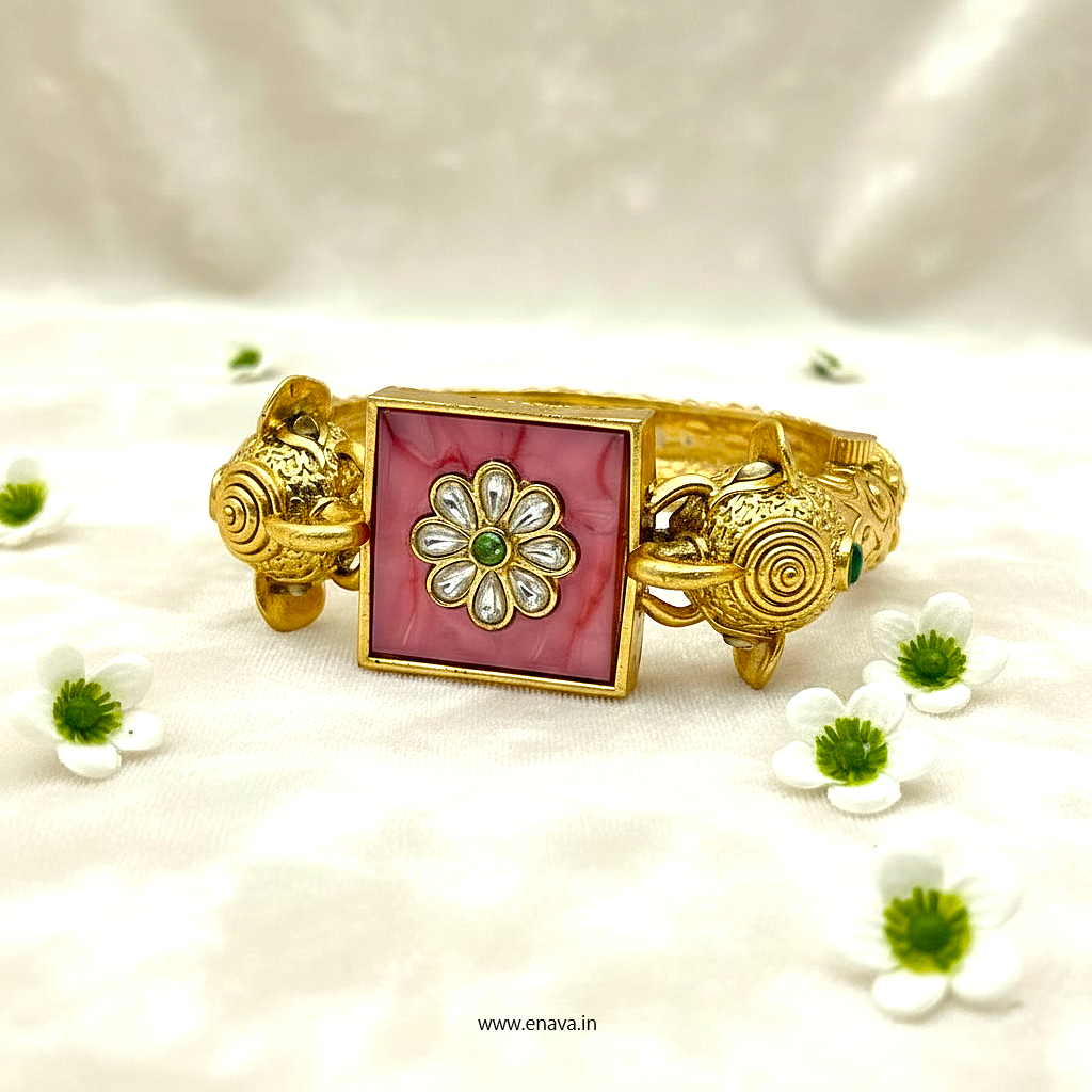 Royal Rajwadi Kundan Pink Enamel Gold Plated Kada by Enava Bracelet Enava Jewels.