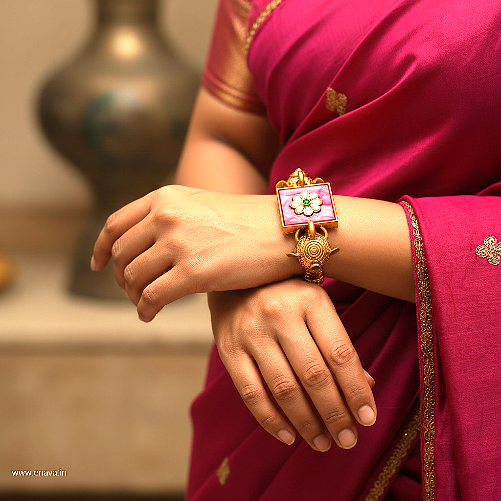 Royal Rajwadi Kundan Pink Enamel Gold Plated Kada by Enava Bracelet Enava Jewels.