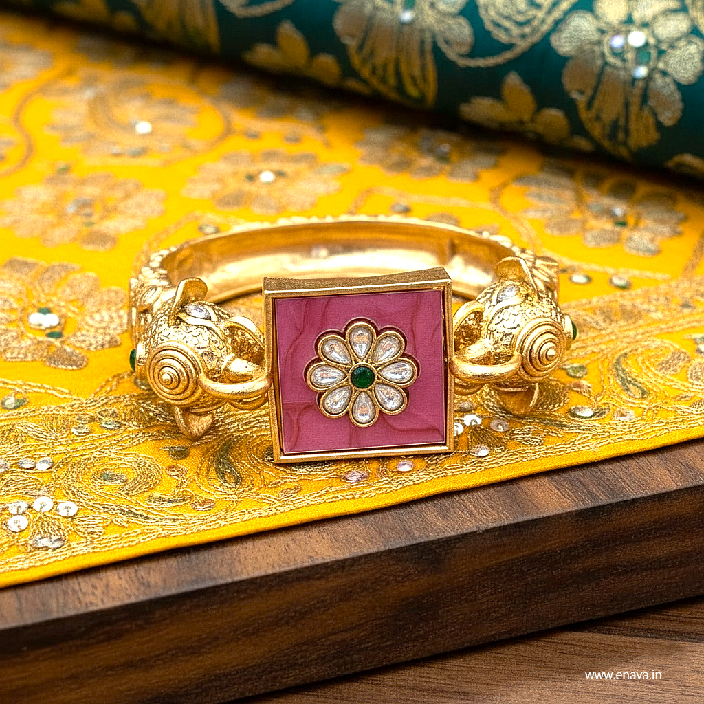 Royal Rajwadi Kundan Pink Enamel Gold Plated Kada by Enava Bracelet Enava Jewels.