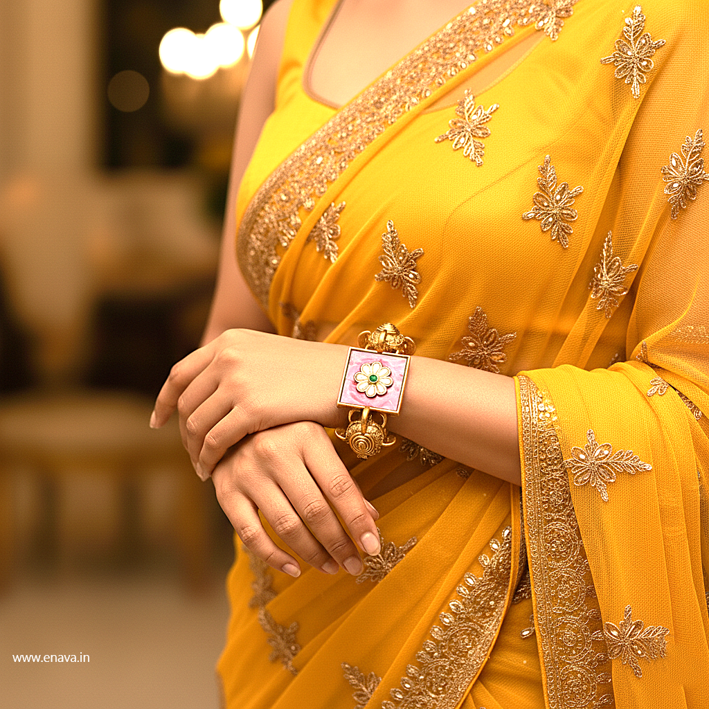 Royal Rajwadi Kundan Pink Enamel Gold Plated Kada by Enava Bracelet Enava Jewels.