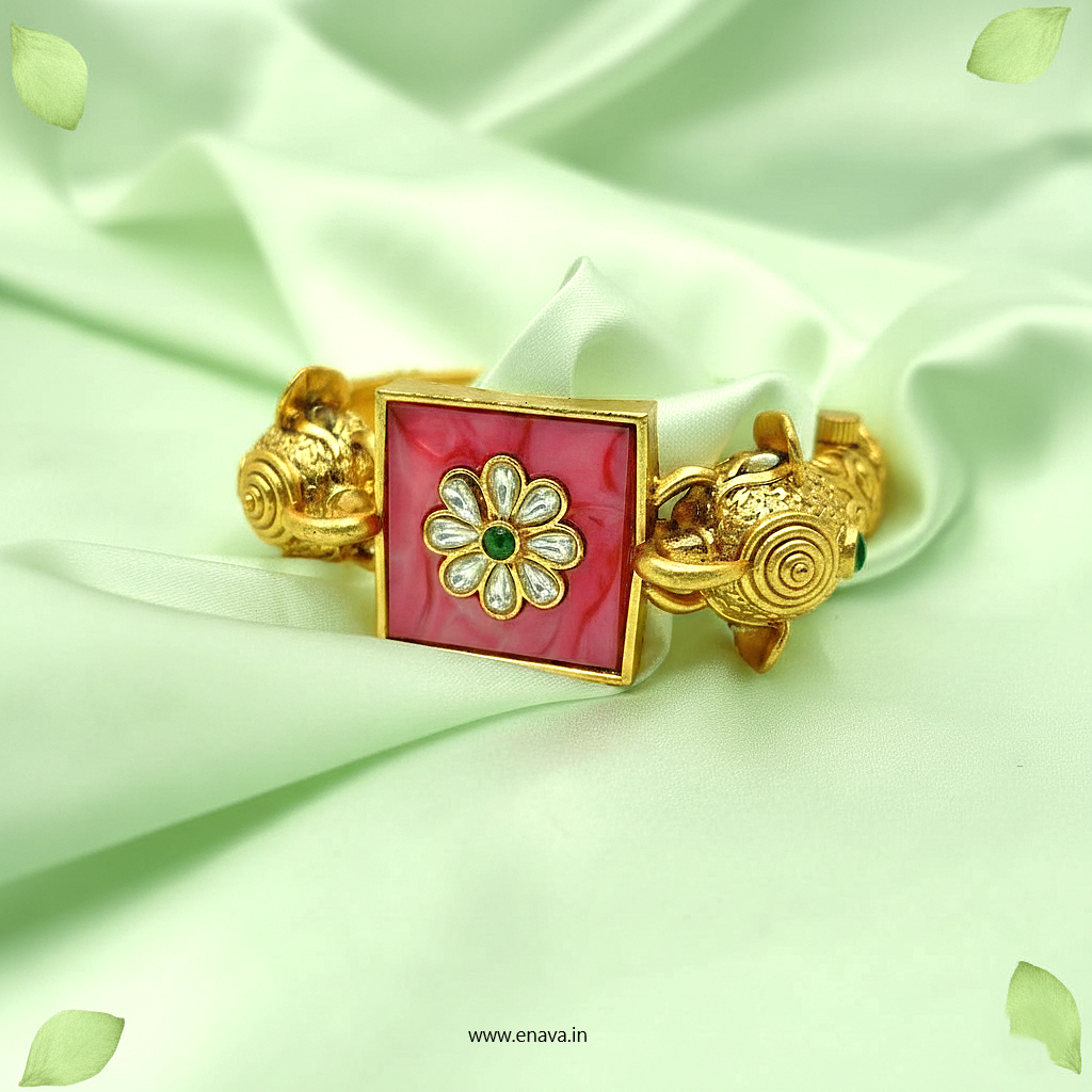 Royal Rajwadi Kundan Pink Enamel Gold Plated Kada by Enava Bracelet Enava Jewels.