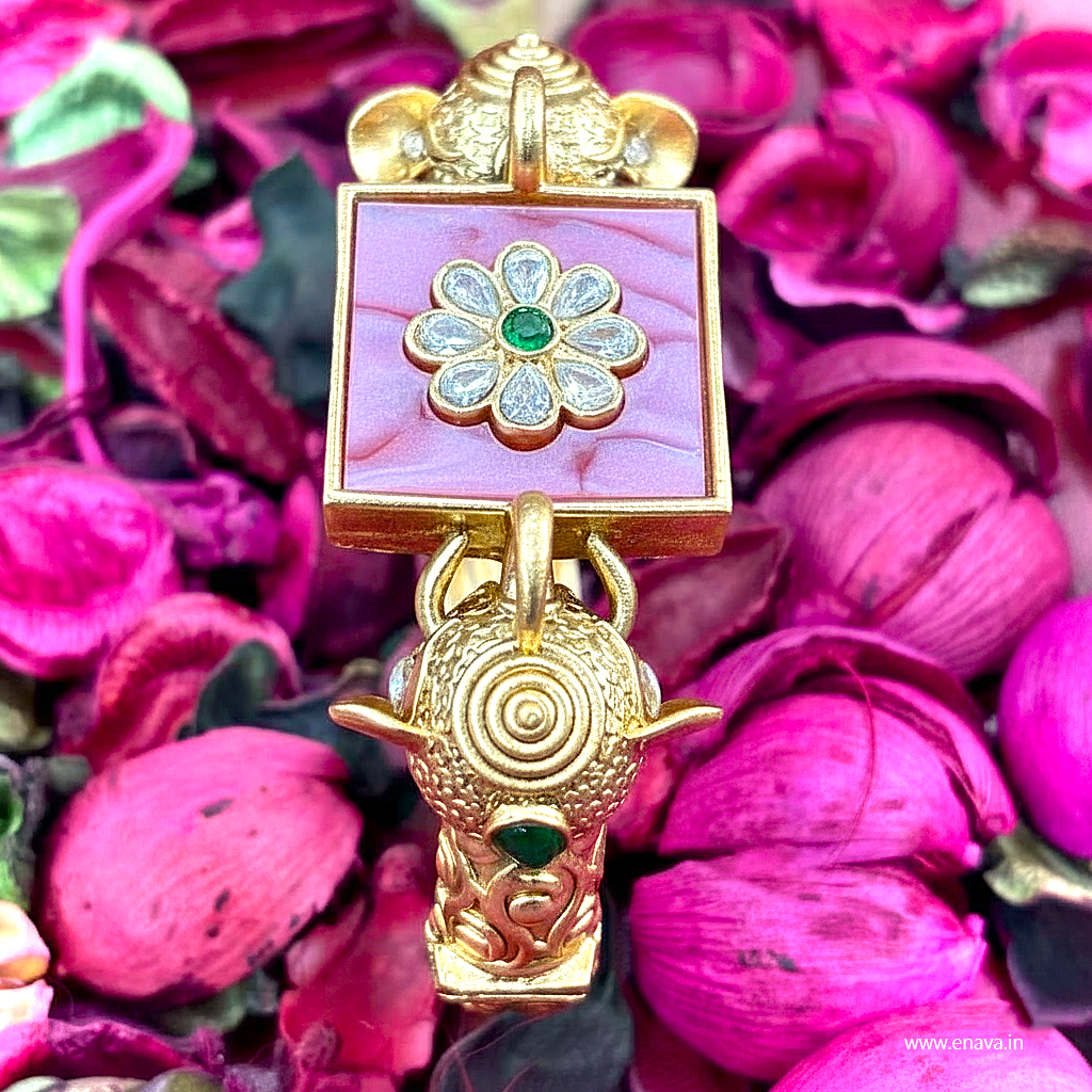 Royal Rajwadi Kundan Pink Enamel Gold Plated Kada by Enava Bracelet Enava Jewels.