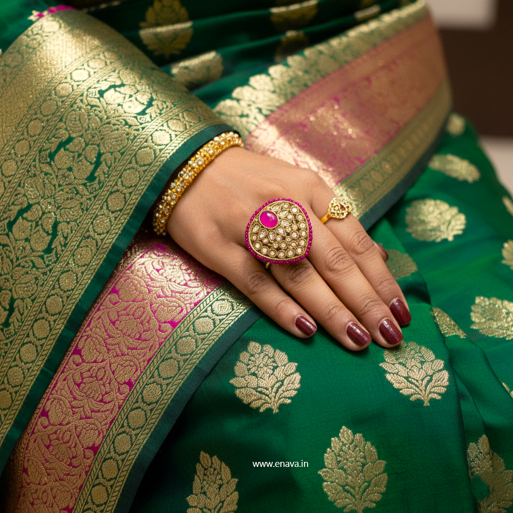 Ruby Kundan Pearl Antique Gold Big Size Ring by Enava Ring Enava Jewels.