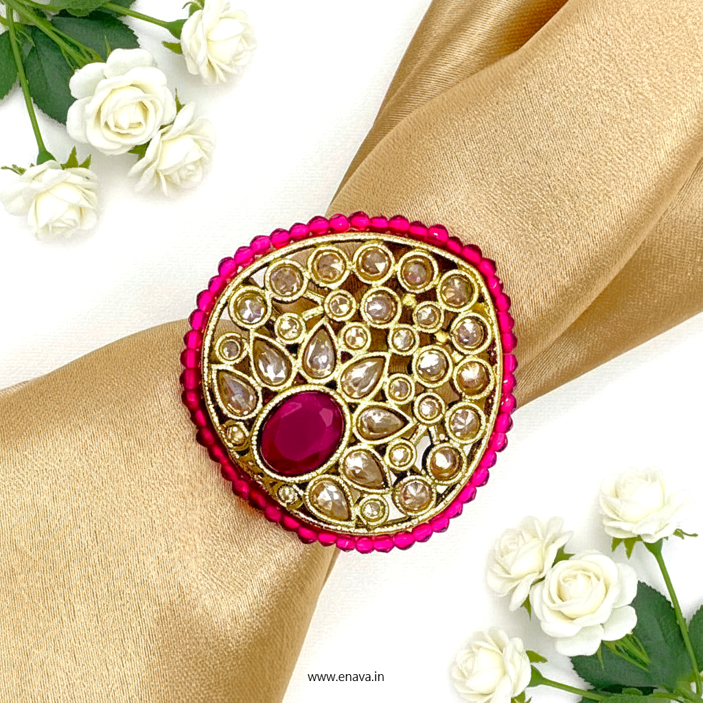 Ruby Kundan Pearl Antique Gold Big Size Ring by Enava Ring Enava Jewels.