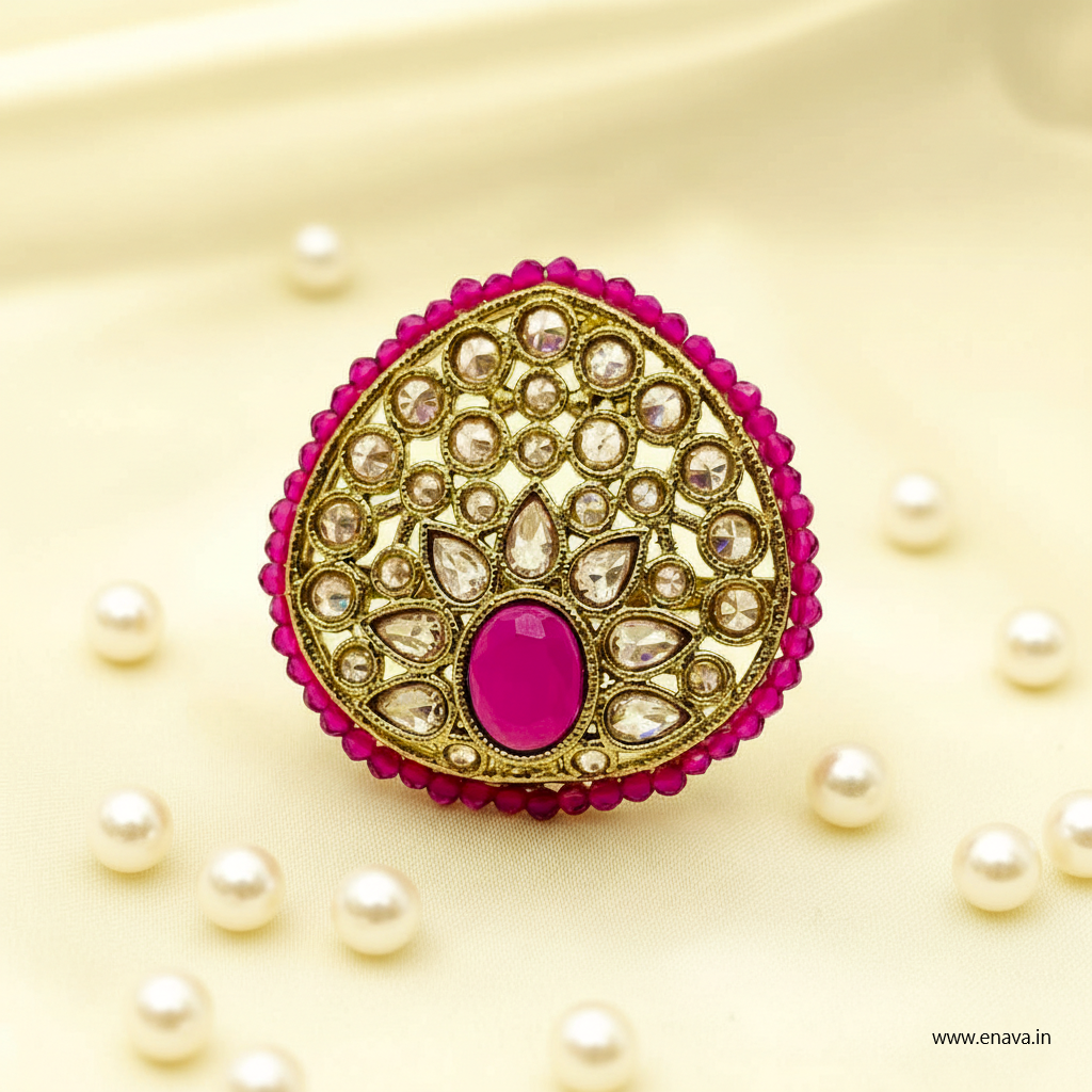 Ruby Kundan Pearl Antique Gold Big Size Ring by Enava Ring Enava Jewels.