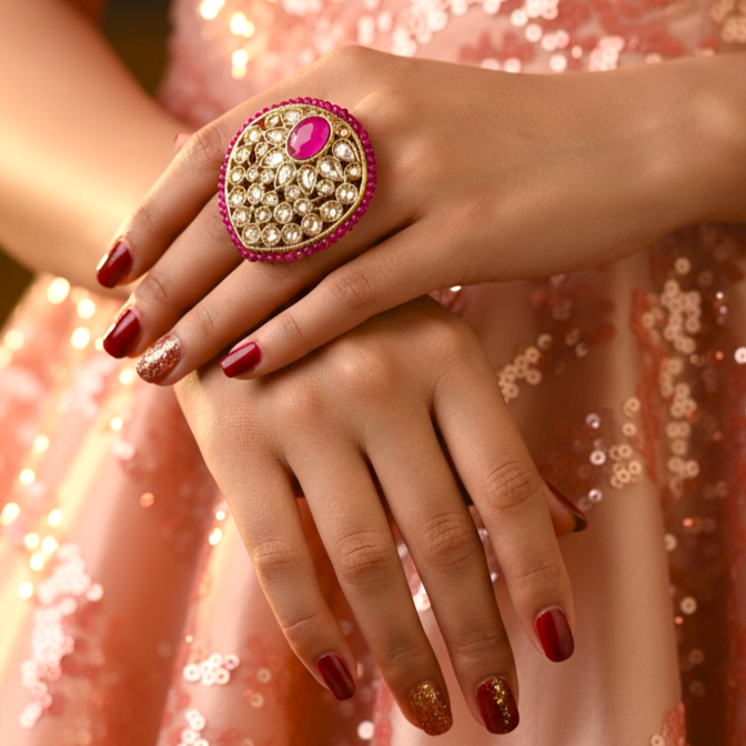Ruby Kundan Pearl Antique Gold Big Size Ring by Enava Ring Enava Jewels.