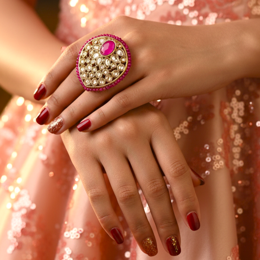 Ruby Kundan Pearl Antique Gold Big Size Ring by Enava