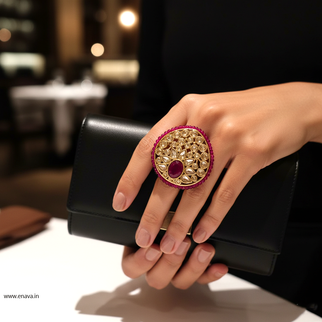 Ruby Kundan Pearl Antique Gold Big Size Ring by Enava Ring Enava Jewels.