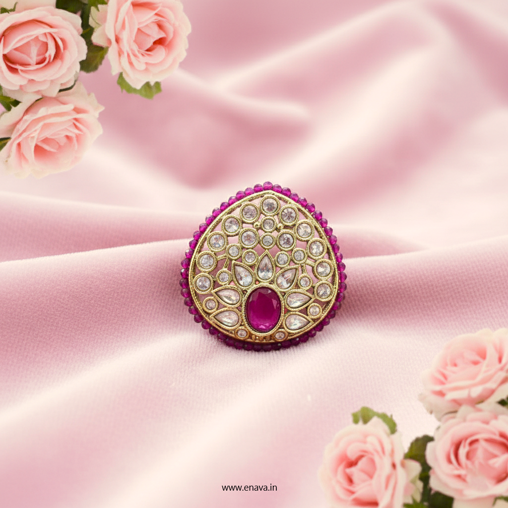 Ruby Kundan Pearl Antique Gold Big Size Ring by Enava Ring Enava Jewels.