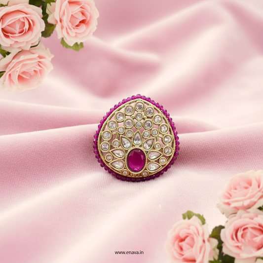 Ruby Kundan Pearl Antique Gold Big Size Ring by Enava Ring Enava Jewels.
