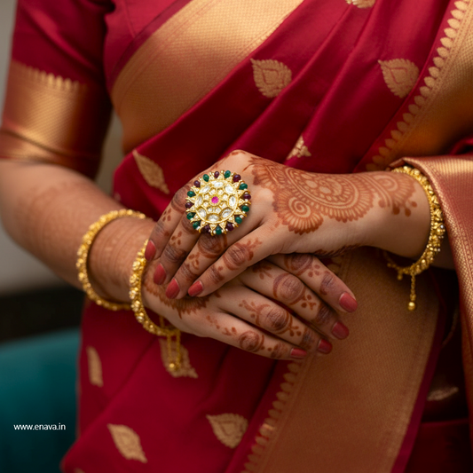 Ruby Green Kundan Pearl Gold Big Size Ring by Enava