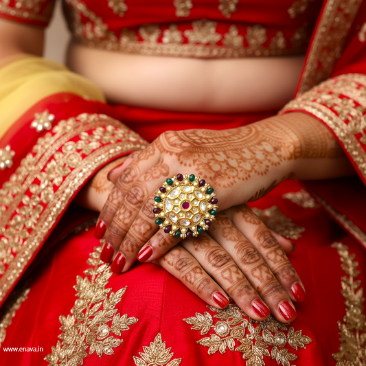 Ruby Green Kundan Pearl Gold Big Size Ring by Enava Ring Enava Jewels.