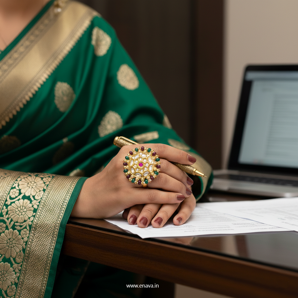 Ruby Green Kundan Pearl Gold Big Size Ring by Enava Ring Enava Jewels.