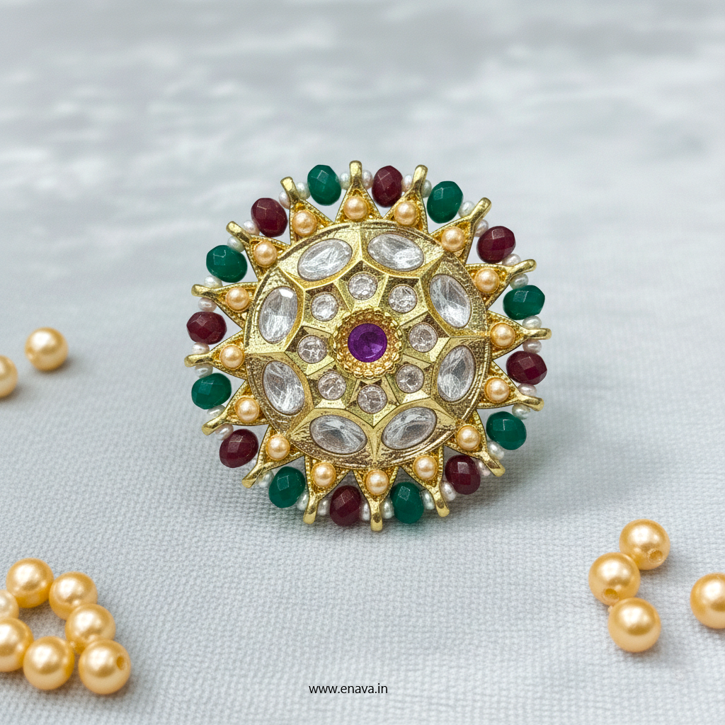 Ruby Green Kundan Pearl Gold Big Size Ring by Enava Ring Enava Jewels.