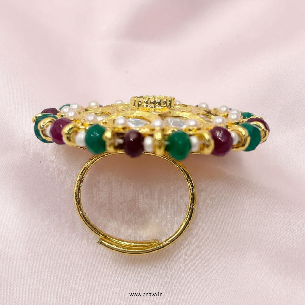 Ruby Green Kundan Pearl Gold Big Size Ring by Enava Ring Enava Jewels.