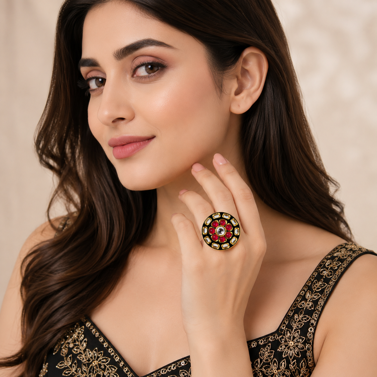Ruhani Noir Ethnic & Traditional Kundan Black Golden Ring by Enava featuring white kundan stones, ruby pink accents, black meenakari, gold plating, adjustable statement ring for weddings, festive occasions, and traditional ethnic jewellery.