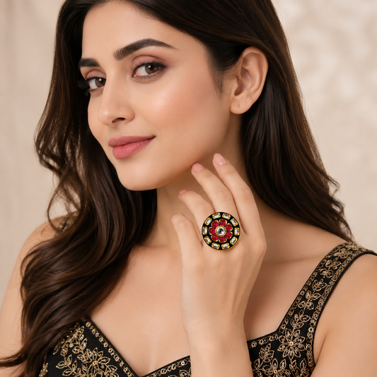 Ruhani Noir Ethnic & Traditional Kundan Black Golden Ring by Enava featuring white kundan stones, ruby pink accents, black meenakari, gold plating, adjustable statement ring for weddings, festive occasions, and traditional ethnic jewellery.