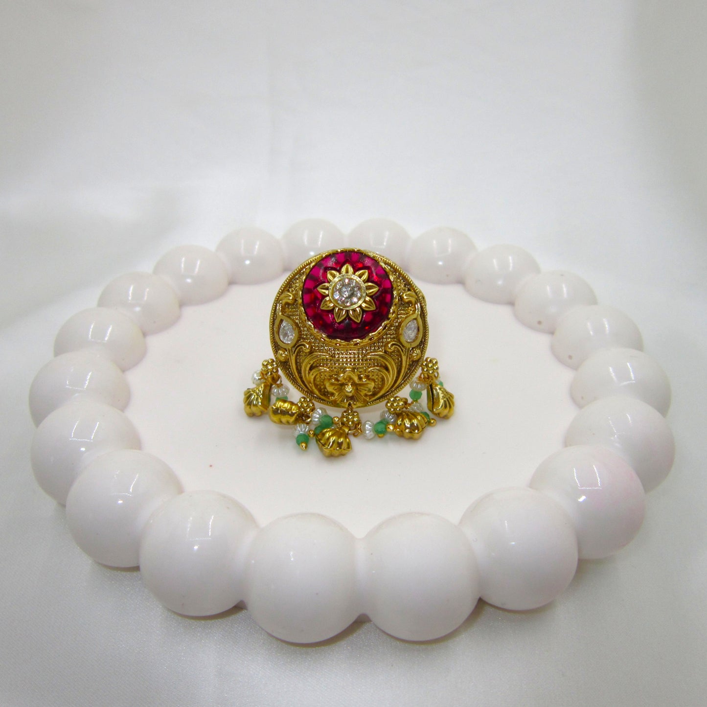 Shagun Bridal Ethnic & Traditional Golden Ring by Enava featuring an adjustable antique gold statement ring with intricate heritage-inspired detailing, ideal for bridal jewellery, weddings, festive occasions and traditional ethnic wear.