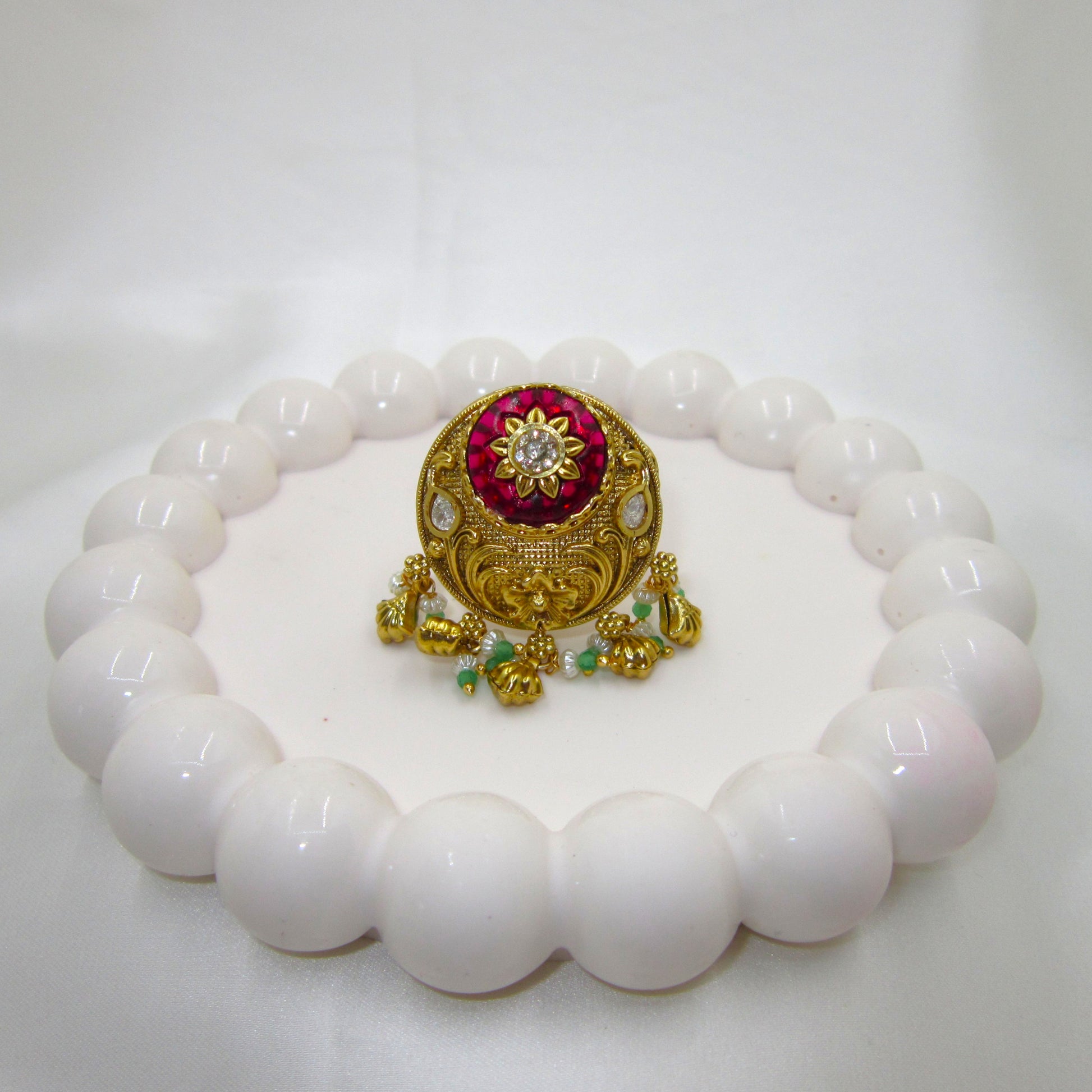 Shagun Bridal Ethnic & Traditional Golden Ring by Enava featuring an adjustable antique gold statement ring with intricate heritage-inspired detailing, ideal for bridal jewellery, weddings, festive occasions and traditional ethnic wear.