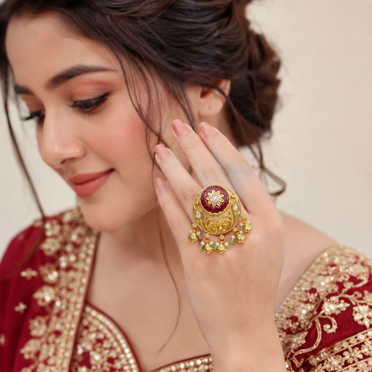 Shagun Bridal Ethnic & Traditional Golden Ring by Enava featuring an adjustable antique gold statement ring with intricate heritage-inspired detailing, ideal for bridal jewellery, weddings, festive occasions and traditional ethnic wear.