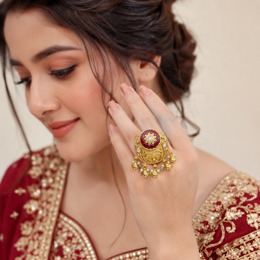 Shagun Bridal Ethnic & Traditional Golden Ring by Enava featuring an adjustable antique gold statement ring with intricate heritage-inspired detailing, ideal for bridal jewellery, weddings, festive occasions and traditional ethnic wear.