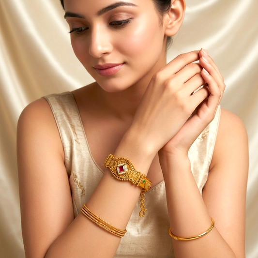 Shagun Spark Rajwadi Bracelet by ENAVA featuring antique gold finish, ruby red centerpiece stone, emerald green accents, and intricate Rajwadi heritage craftsmanship for weddings and festive wear.