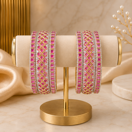 Sitara Chaukor Gajari Peach Festive Bangle Set with 2 kada bangles and 4 side bangles featuring gajari peach square-patterned detailing, golden accents and sparkling stones by ENAVA