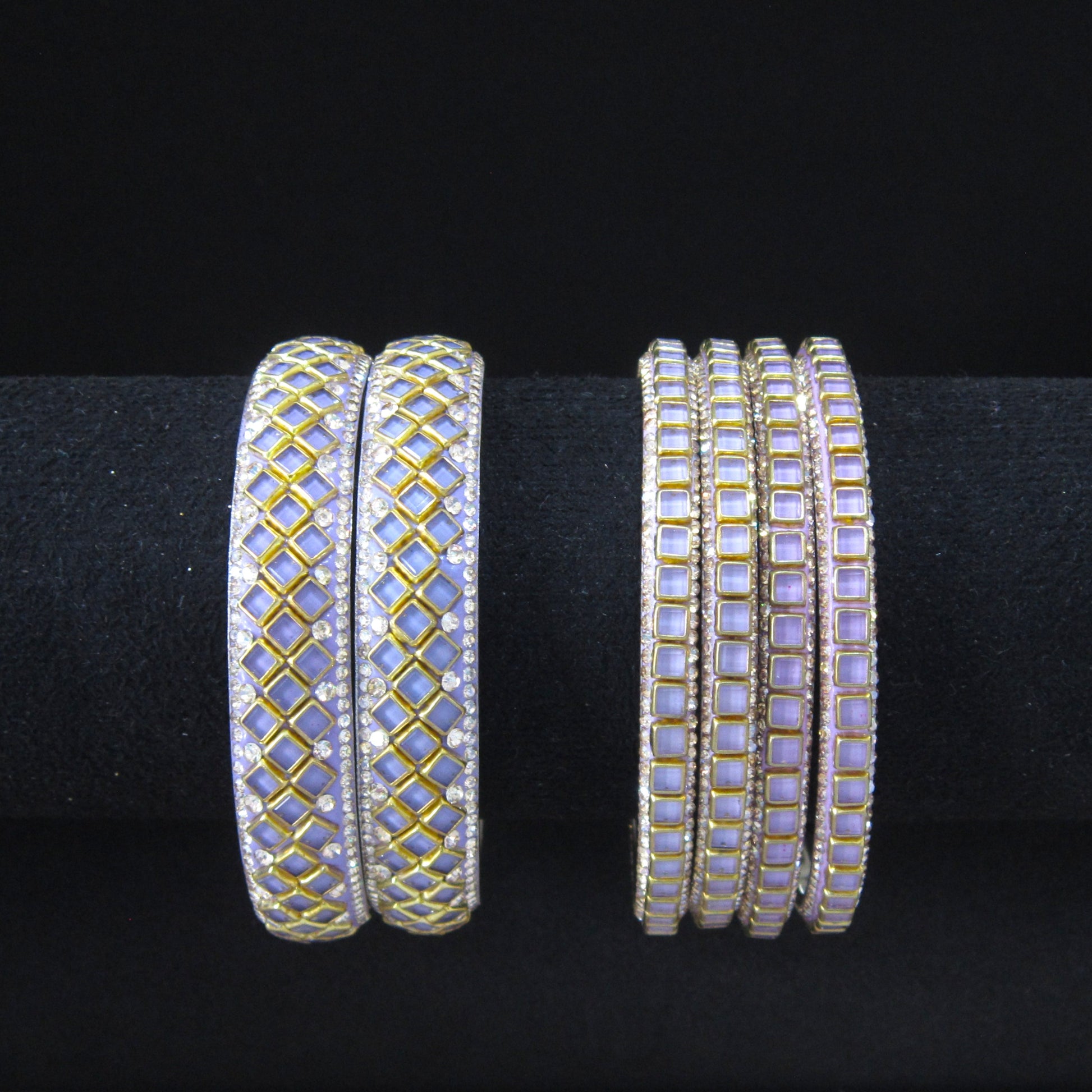Sitara Chaukor Light Purple Festive Bangle Set with 2 kada bangles and 4 side bangles featuring light purple square-patterned detailing, golden accents and sparkling stones by ENAVA