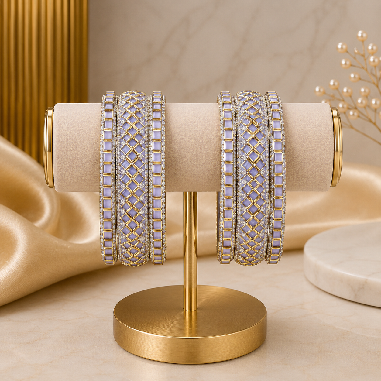 Sitara Chaukor Light Purple Festive Bangle Set with 2 kada bangles and 4 side bangles featuring light purple square-patterned detailing, golden accents and sparkling stones by ENAVA