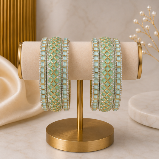 Sitara Chaukor Radium Festive Bangle Set with 2 kada bangles and 4 side bangles featuring radium green square-patterned detailing, golden latticework and sparkling stones by ENAVA