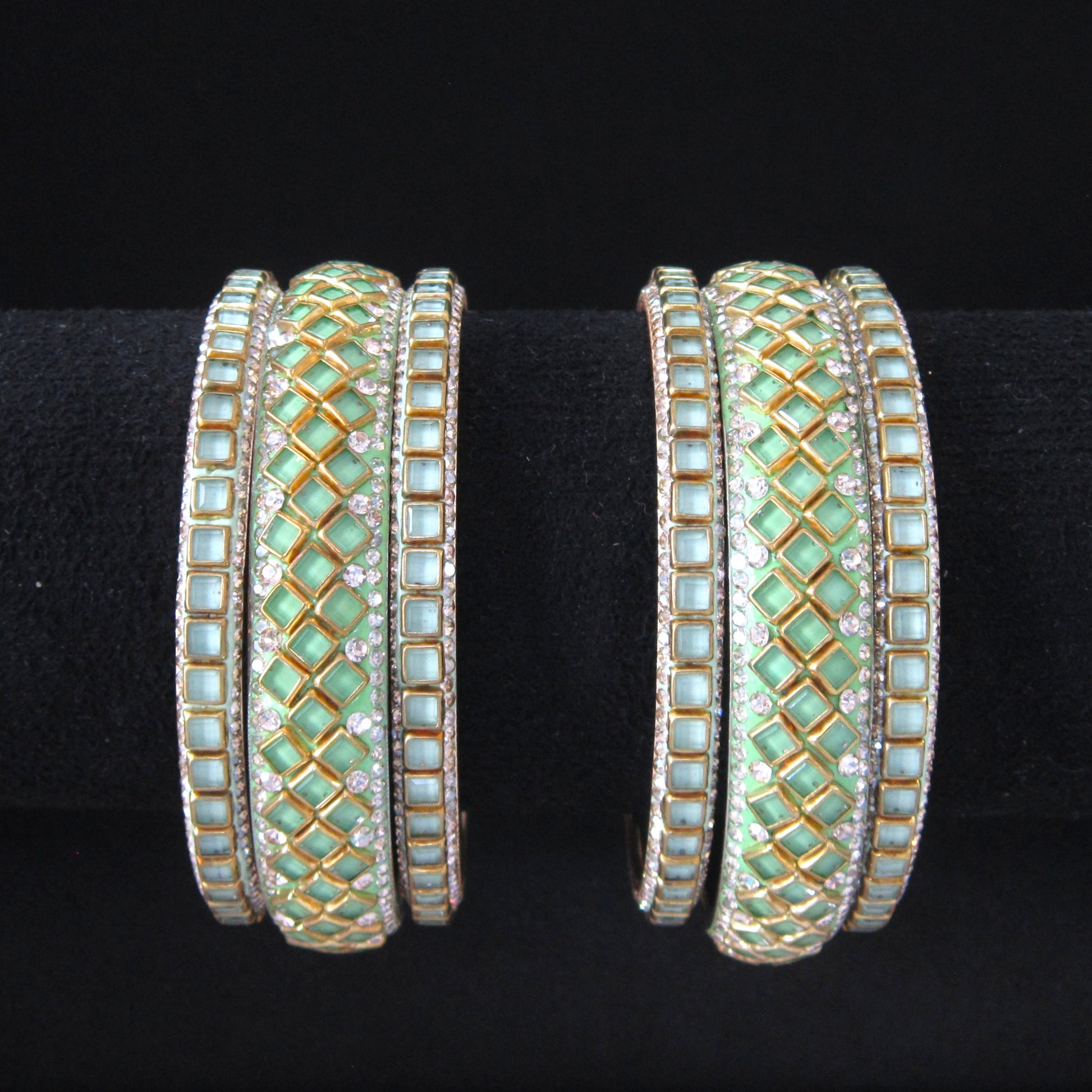 Sitara Chaukor Radium Festive Bangle Set with 2 kada bangles and 4 side bangles featuring radium green square-patterned detailing, golden latticework and sparkling stones by ENAVA