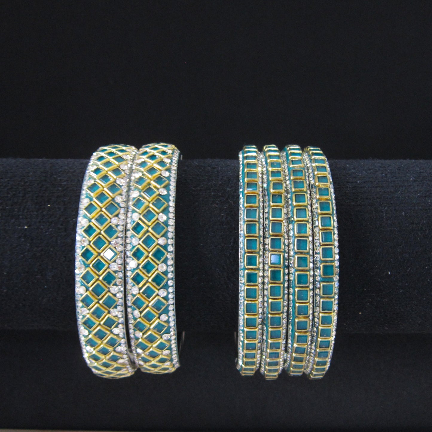 Sitara Chaukor Radium Festive Bangle Set with 2 kada bangles and 4 side bangles featuring radium green square-patterned detailing, golden latticework and sparkling stones by ENAVA