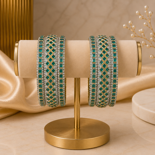 Sitara Chaukor Radium Festive Bangle Set with 2 kada bangles and 4 side bangles featuring radium green square-patterned detailing, golden latticework and sparkling stones by ENAVA