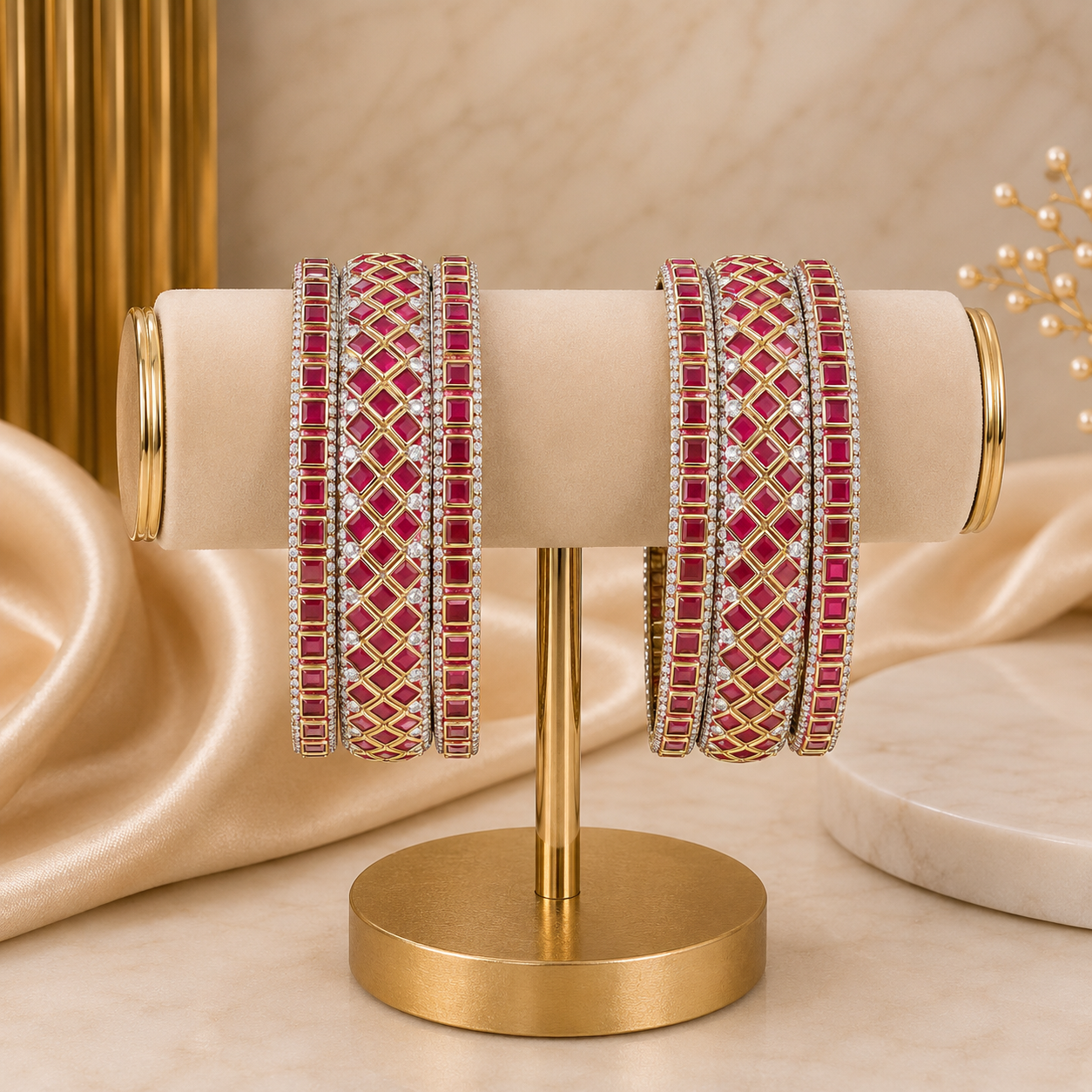Sitara Chaukor Red Festive Bangle Set with 2 kada bangles and 4 side bangles featuring red square-patterned detailing, golden latticework and sparkling stones by ENAVA